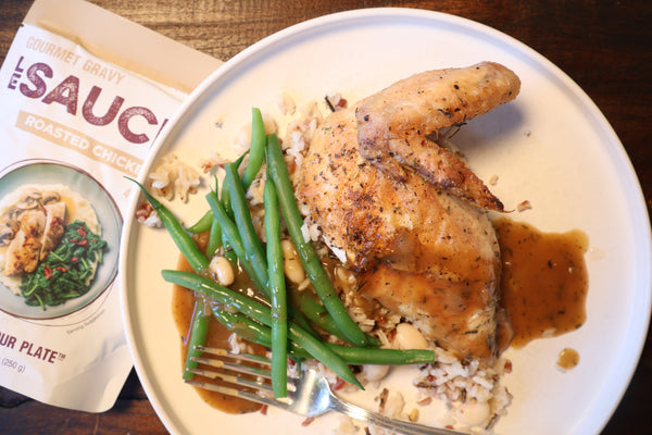 Roasted Chicken, Wild Rice and Green Beans with Roasted Chicken Gravy