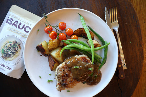Crusted Pork with Roasted Potatoes and Green Beans with Savory Mushroom Gourmet Gravy