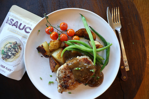 Crusted Pork with Roasted Potatoes and Green Beans with Savory Mushroom Gourmet Gravy