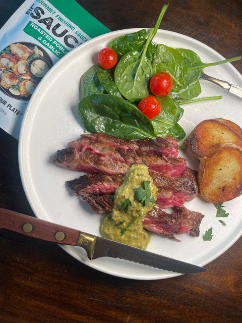 Skirt Steak with Baked Fries and Spinach Salad with Roasted Poblano & Garlic