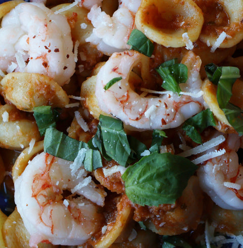 le sauce & co. creamy sun dried tomato pesto pasta with shrimp and cilantro