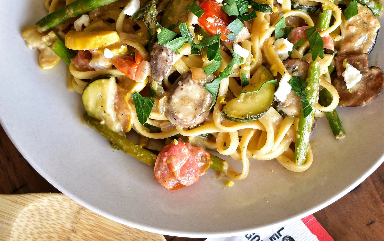 Linguine Primavera With Lemon Goat Cheese Le Sauce Co linguine-primavera-with-lemon-goat-cheese-le-sauce-co