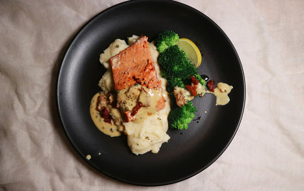 Salmon with Mashed Potatoes, Broccoli and Savory Garlic & Butter Finishing Sauce