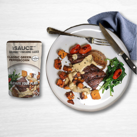 le sauce & co. classic green peppercorn gourmet finishing sauce plate of steak with roasted potatoes