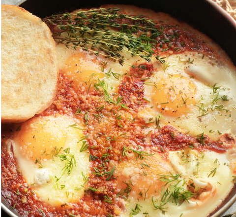 Eggs in Purgatory with Spicy Pomodoro Sauce and Toasted Crusty Baguette