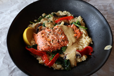 Salmon with Orzo, Grilled Red Bell Peppers, and Sautéed Spinach