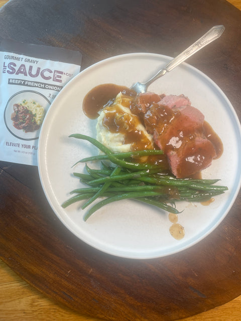 Beefy French Onion Pork Tenderloin with Mashed Potatoes and Green Beans