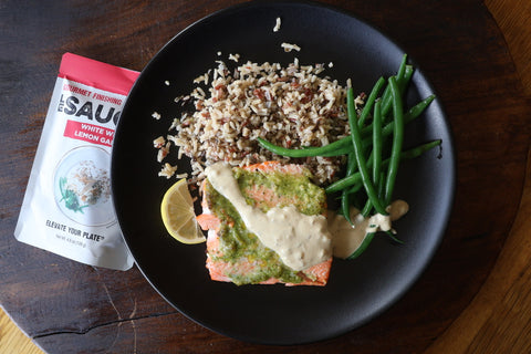 Pesto Salmon with White Wine Lemon Garlic 