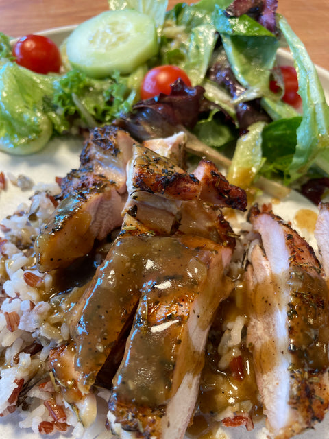 Grilled Chicken with Savory Mushroom Gravy and Wild Rice with a Bistro Salad and Salad Sauce