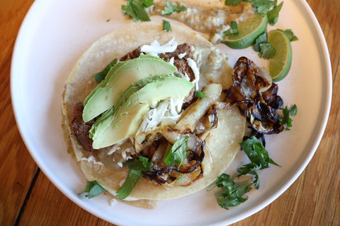 Carne Asada Tacos with Roasted Poblano & Garlic Cream Sauce