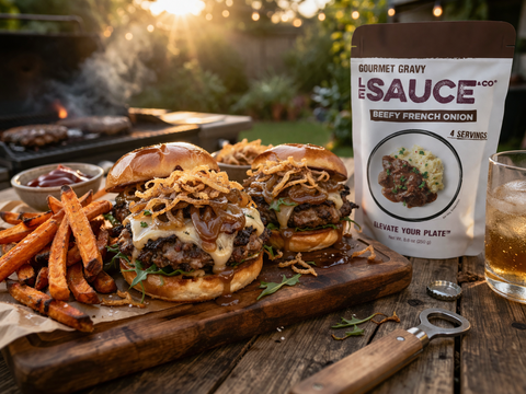 French Onion Smash Burgers with Beefy French Onion Gravy
