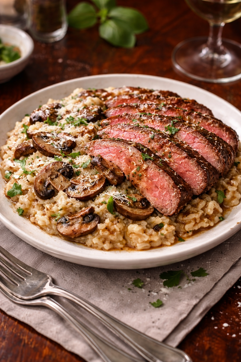 Garlic Butter Mushroom Risotto with Flank Steak