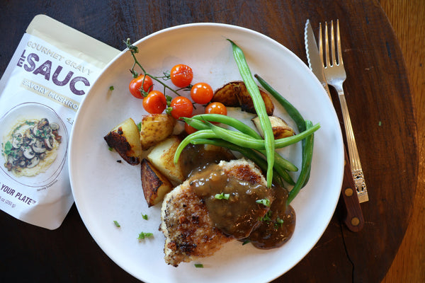 Crusted Pork with Roasted Potatoes and Green Beans with Savory Mushroom Gourmet Gravy