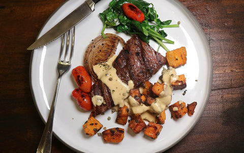 Elevated Wednesday night: Steak, Sautéed Sweet Potatoes, and Spinach