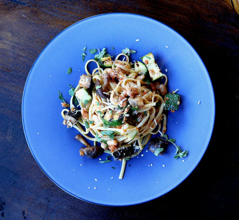 Vegetable Packed Linguine with Savory Provençal Pasta Sauce, Roasted Mushrooms, Zucchini, and Eggplant