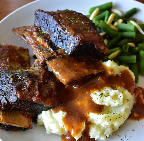 Demi-Glace Roasted Beef Short Ribs with Almond Green Beans and Mashed Potatoes