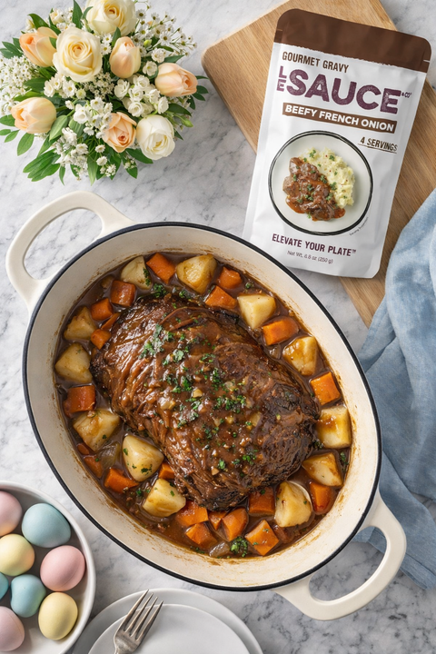 Easter Simple Pot Roast with Le Sauce & Co. Beefy French Onion Gourmet Gravy