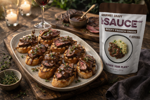 Grilled Steak Crostini with Beefy French Onion Sauce