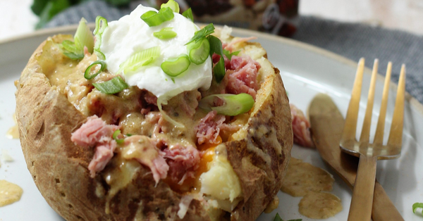 Loaded Baked Potatoes with Creamy Peppercorn Sauce