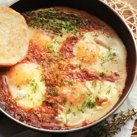 Eggs in Purgatory with Spicy Pomodoro Sauce and Toasted Crusty Baguette