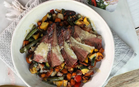 Grilled Flank Steak and Veggies with Creamy Peppercorn Sauce