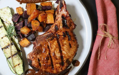 Mole de Puebla, Grilled Pork Chop, Grilled Zucchini & Sautéed Potatoes