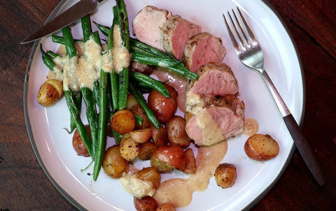 Pork Chop, Baby Potatoes, and Green Beans with Creamy Peppercorn