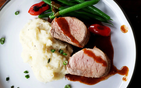 Classic Demi Glace Pork Tenderloin with Green Beans and Mashed Potatoes