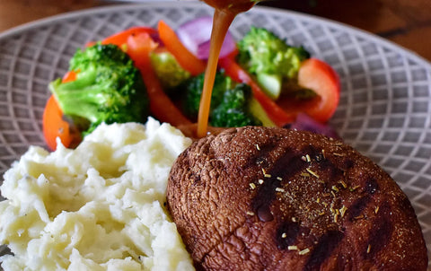 Grilled Portobello Steaks with Demi Glace Mashed Potatoes and Sauteed Veggies