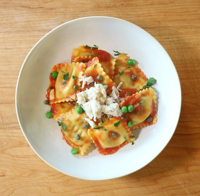 Tomato Basil Ravioli with Crab and Green Peas Le Sauce Co