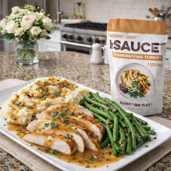 Easter Dinner with Homemade Mashed Potatoes, Green Beans, and Le Sauce & Co. Thanksgiving Turkey Gourmet Gravy