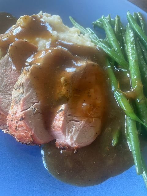 Beefy French Onion Pork Tenderloin with Mashed Potatoes and Green Beans