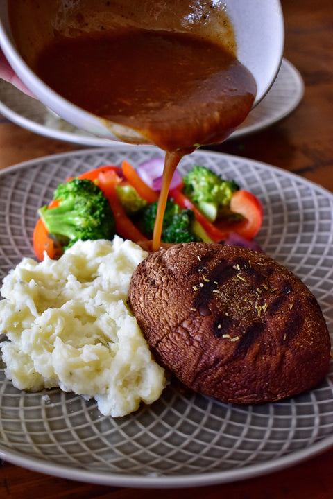 Grilled Portobello Steaks with Classic Demi Glace, Mashed Potatoes and Sauteed Veggies