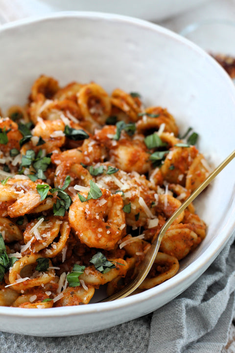 Creamy Sundried Tomato Pesto Pasta with Shrimp and Basil