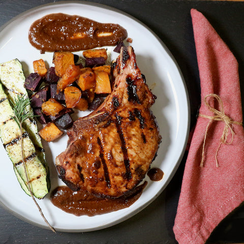 Mole de Puebla Grilled Pork Chop, Zucchini and Sauteed Potatoes