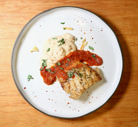 Spicy Pomodoro Pan Sauteed Cod with White Bean Mash