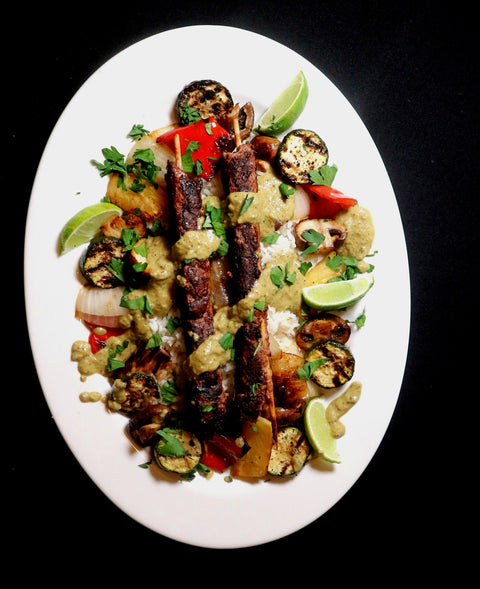 Grilled Lamb Skewers with Roasted Poblano & Garlic