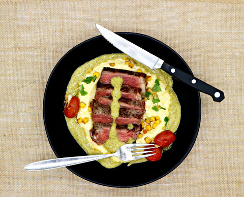 Steak with Roasted Poblano & Garlic Polenta and Tomatoes