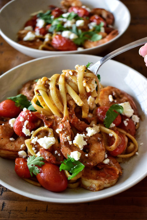 Zesty Poblano Shrimp Linguine with Blistered Cherry Tomatoes