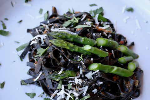 Squid Ink Linguine with Asparagus and Grated Parmesan