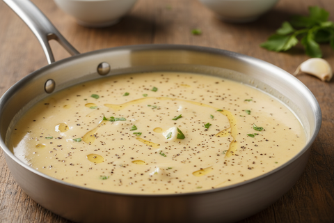 can you create an image of a pan that has savory garlic and butter gourmet sauce in it. the sauce is light and has specs of pepper in it