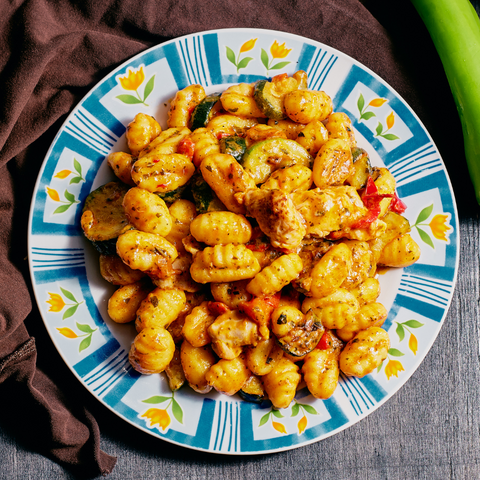 Creamy Pesto Baked Gnocchi and Chicken Skillet