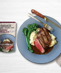 le sauce & co. classic demi glace gourmet finishing sauce plate of steak with mashed potatoes
