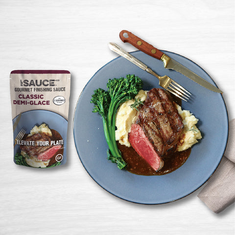 le sauce & co. classic demi glace gourmet finishing sauce plate of steak with mashed potatoes