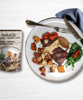le sauce & co. classic green peppercorn gourmet finishing sauce plate of steak with roasted potatoes