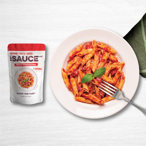 le sauce & co. spicy pomodoro gourmet pasta sauce plate of pasta