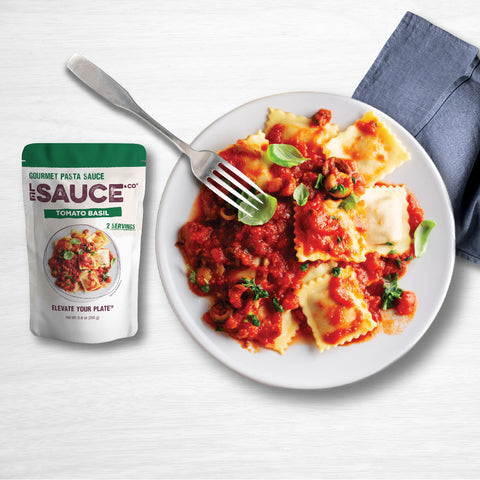le sauce & co. tomato basil gourmet pasta sauce plate of ravioli