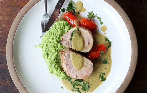 Pork Tenderloin with Mushy Peas and Tomatoes