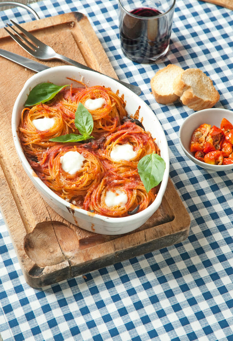 Quick and Easy Creamy Sundried Tomato Pesto Baked Spaghetti for Two