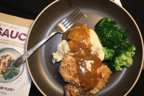 roasted chicken gourmet gravy with breaded baked chicken and mashed potatoes and broccoli